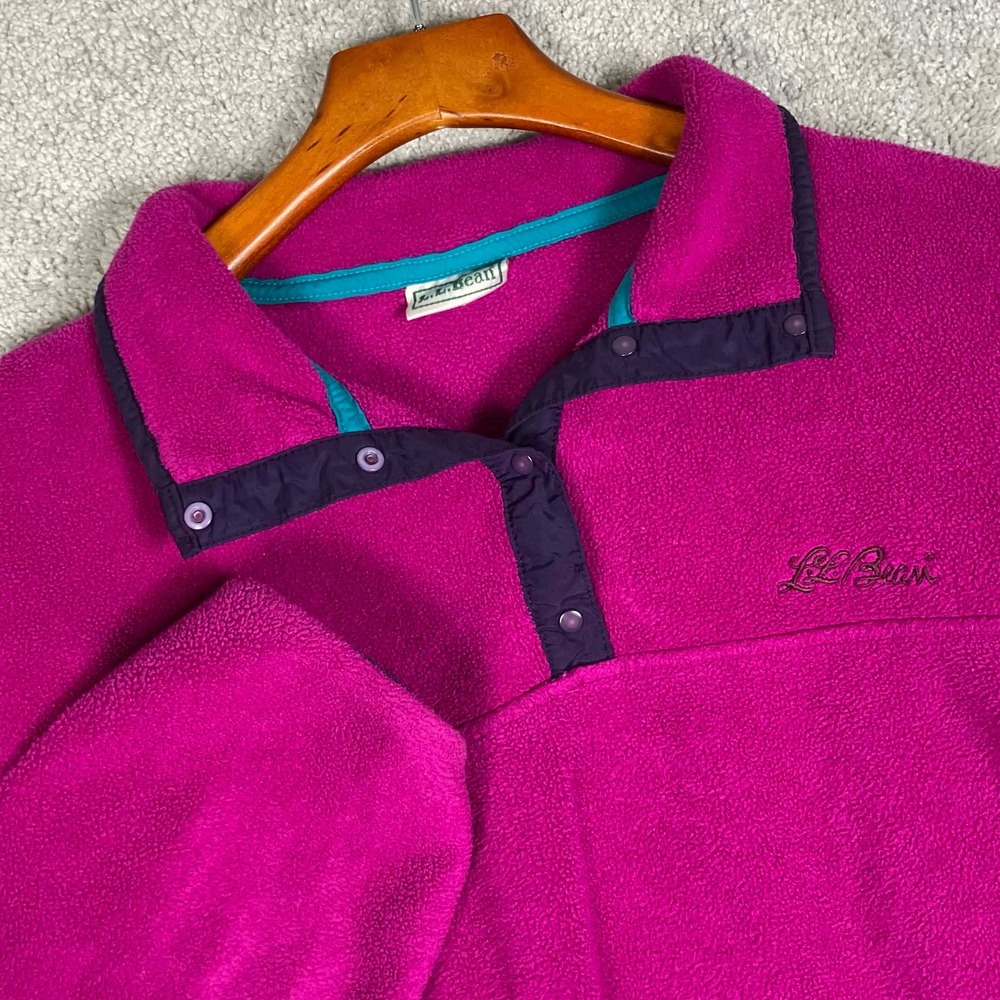 Vintage LL Bean Fleece Women Medium Magenta Pink Snap Neck Pullover 80s 90s